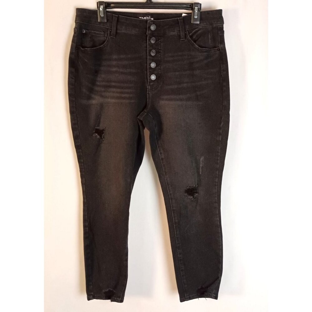 Time & Tru Black Button Fly Skinny Jeans Womens 14 Stretch Distressed